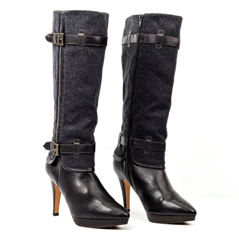 Ros Hommerson Brown Leather Grey Fabric Zip Wide Calf Dress Office Boots sz 7.5